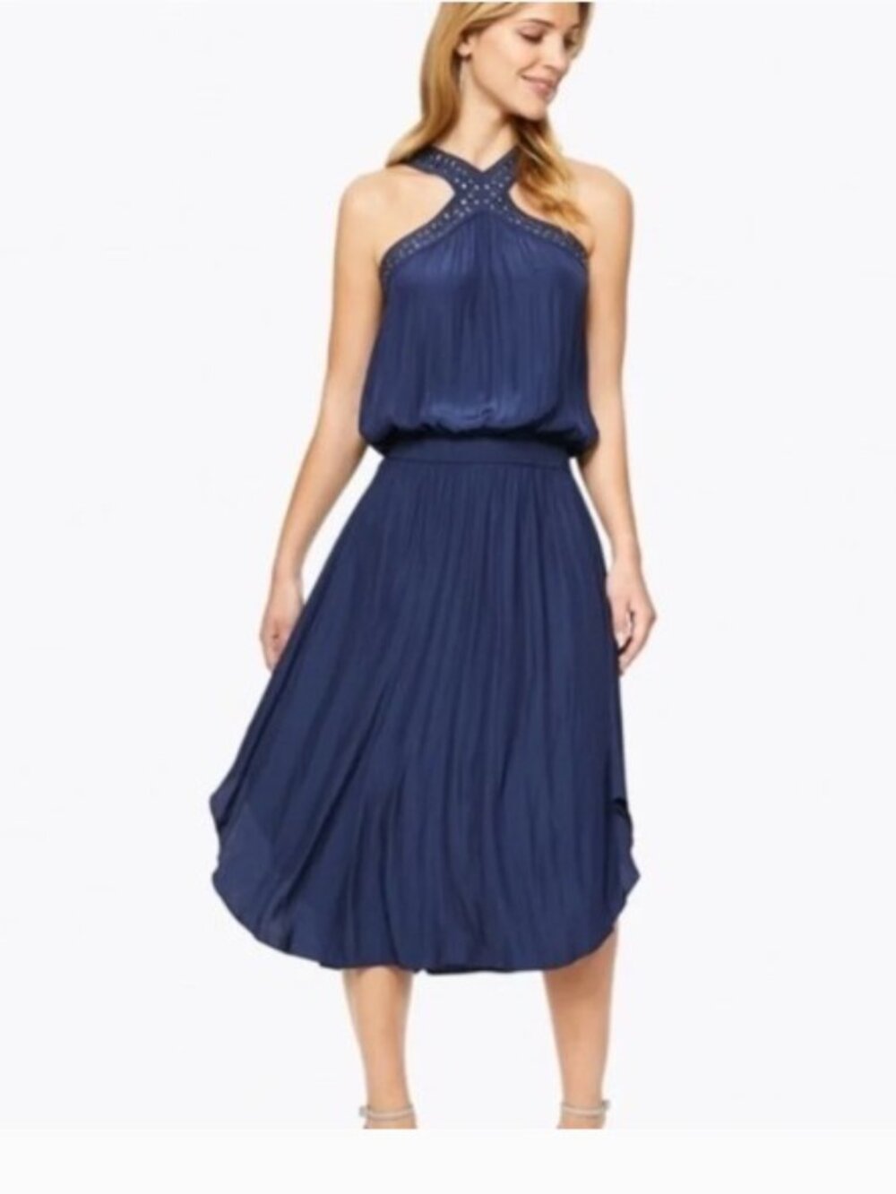 Ramy Brook Autumn Studded Blue Midi Halter Dress